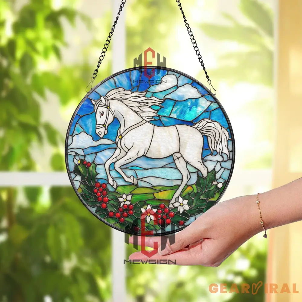 White Horse Stained Glass Suncatcher Running Horse Round Window Hanging Equestrian Art Glass Panel Gift for Horse