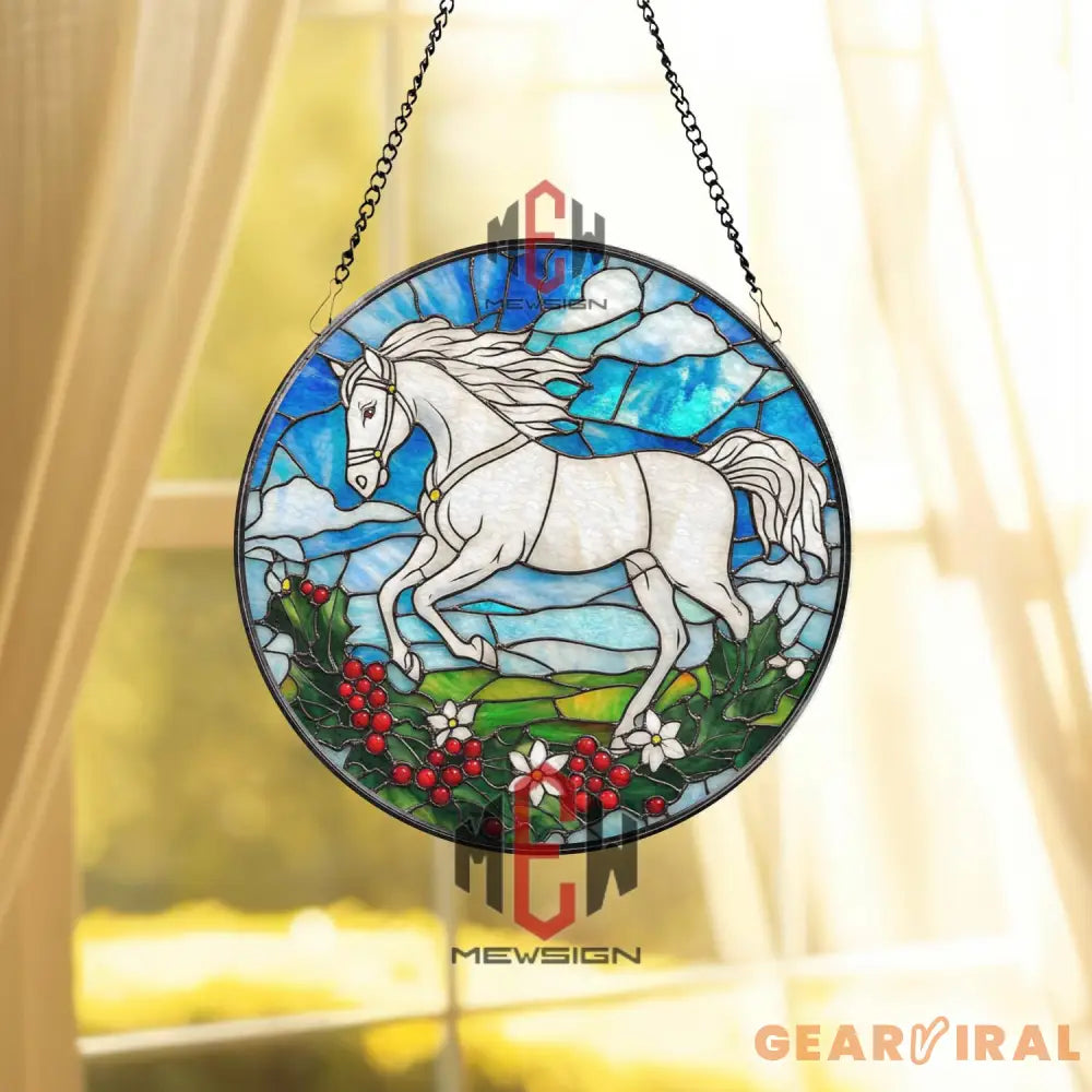 White Horse Stained Glass Suncatcher Running Horse Round Window Hanging Equestrian Art Glass Panel Gift for Horse