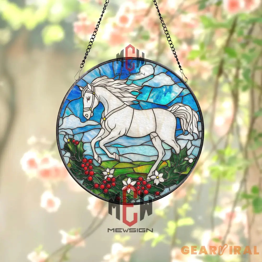 White Horse Stained Glass Suncatcher Running Horse Round Window Hanging Equestrian Art Glass Panel Gift for Horse