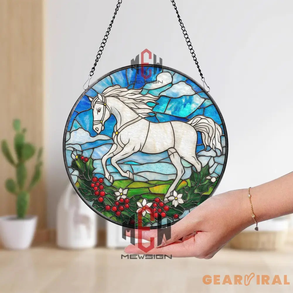 White Horse Stained Glass Suncatcher Running Horse Round Window Hanging Equestrian Art Glass Panel Gift for Horse