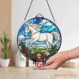 White Horse Stained Glass Suncatcher Running Horse Round Window Hanging Equestrian Art Glass Panel Gift for Horse