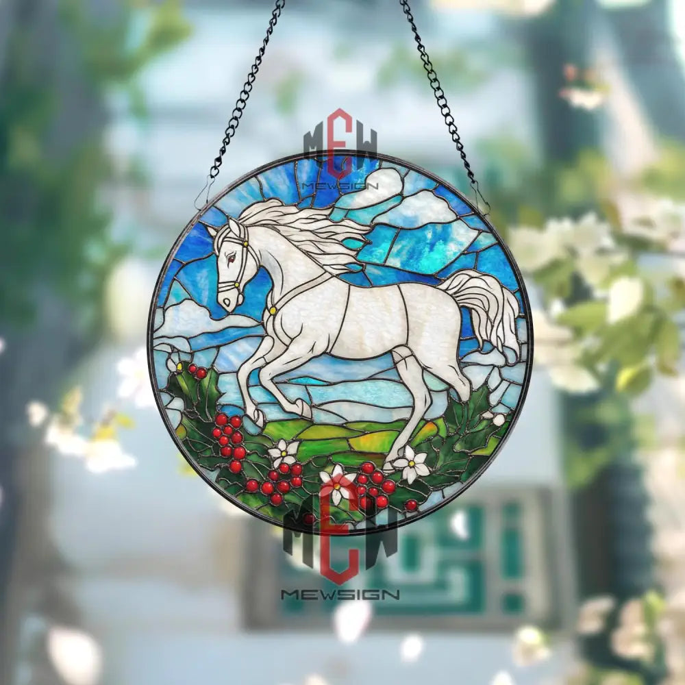 White Horse Stained Glass Suncatcher Running Horse Round Window Hanging Equestrian Art Glass Panel Gift for Horse