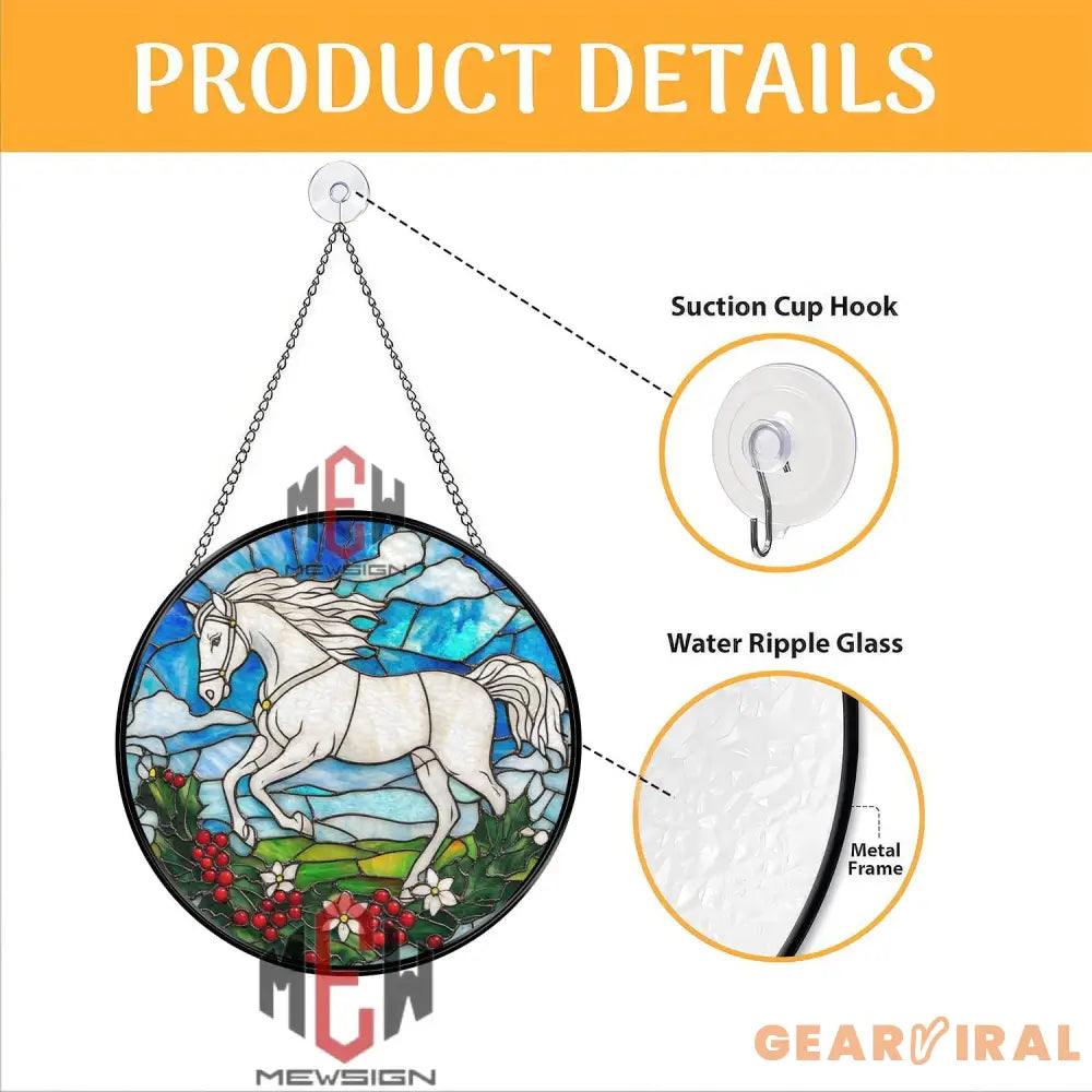 White Horse Stained Glass Suncatcher Running Horse Round Window Hanging Equestrian Art Glass Panel Gift for Horse