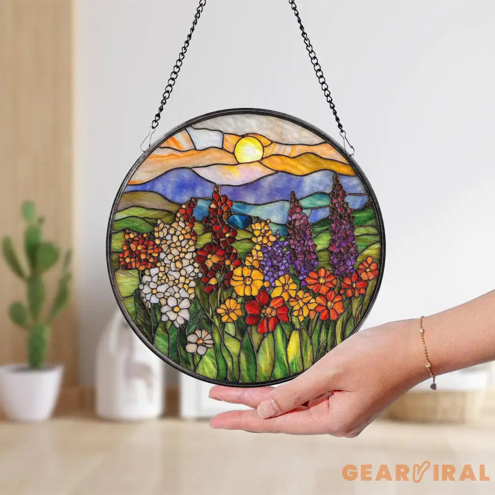 Wildflowers Glass Suncatcher Sunset Flower Window Hanging Floral Wall Decor Garden Window Art Gift for Mom Flower Lover