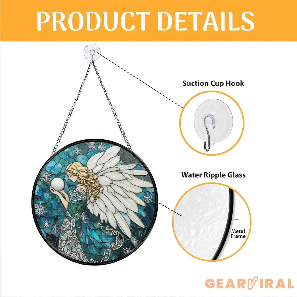 Winter Angel Stained Glass Suncatcher Blue Snowflake Glass Panel Holiday Window Hanging Christmas Gift for Spiritual &