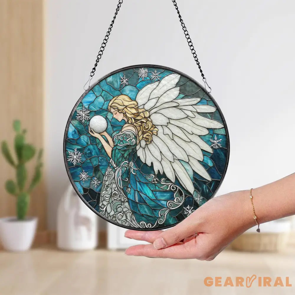 Winter Angel Stained Glass Suncatcher Blue Snowflake Glass Panel Holiday Window Hanging Christmas Gift for Spiritual &