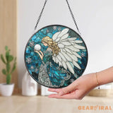 Winter Angel Stained Glass Suncatcher Blue Snowflake Glass Panel Holiday Window Hanging Christmas Gift for Spiritual &