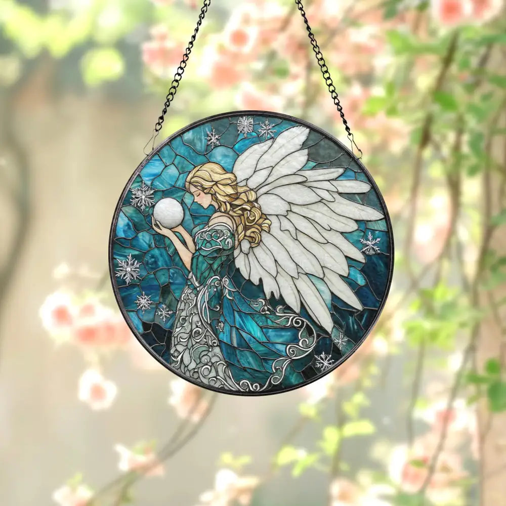 Winter Angel Stained Glass Suncatcher Blue Snowflake Glass Panel Holiday Window Hanging Christmas Gift for Spiritual &