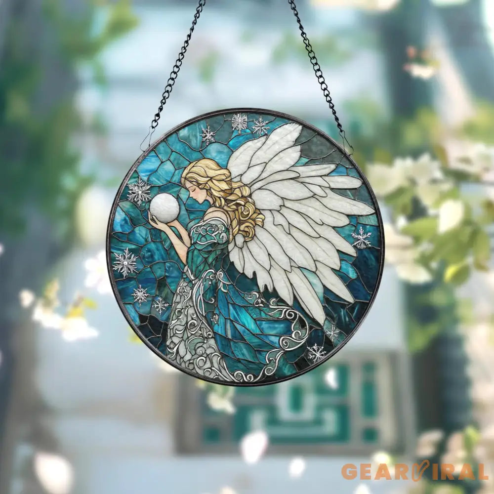Winter Angel Stained Glass Suncatcher Blue Snowflake Glass Panel Holiday Window Hanging Christmas Gift for Spiritual &