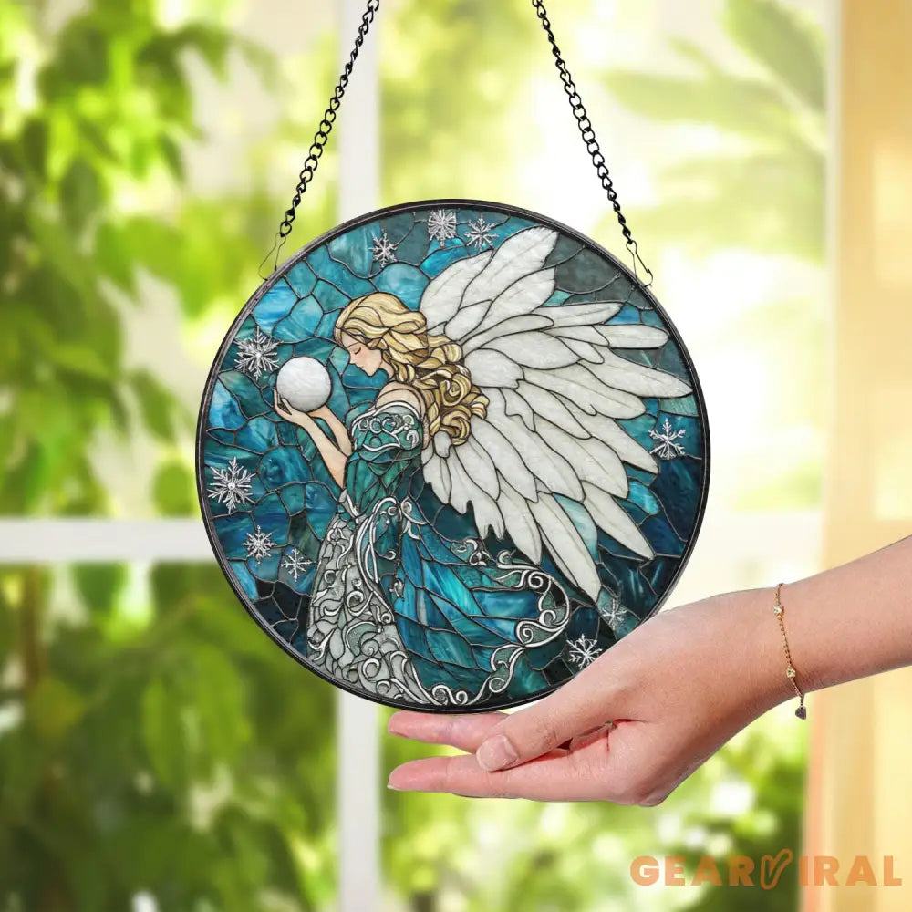 Winter Angel Stained Glass Suncatcher Blue Snowflake Glass Panel Holiday Window Hanging Christmas Gift for Spiritual &