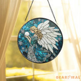 Winter Angel Stained Glass Suncatcher Blue Snowflake Glass Panel Holiday Window Hanging Christmas Gift for Spiritual &