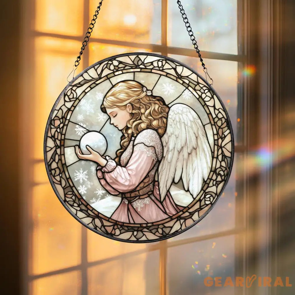 Winter Angel Stained Glass Suncatcher Christmas Snow Window Panel Praying Angel Sun Catcher Gift Holiday Decor for