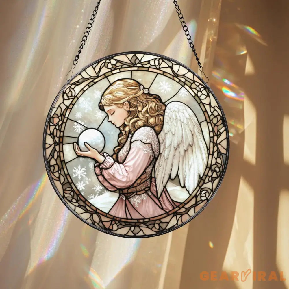 Winter Angel Stained Glass Suncatcher Christmas Snow Window Panel Praying Angel Sun Catcher Gift Holiday Decor for