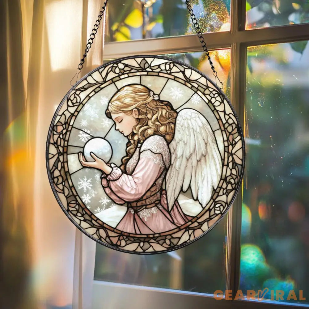Winter Angel Stained Glass Suncatcher Christmas Snow Window Panel Praying Angel Sun Catcher Gift Holiday Decor for