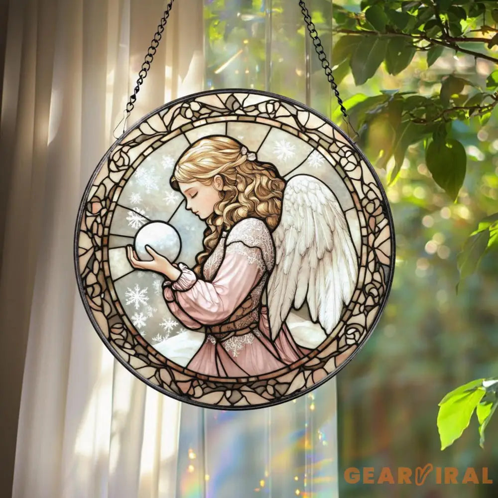 Winter Angel Stained Glass Suncatcher Christmas Snow Window Panel Praying Angel Sun Catcher Gift Holiday Decor for
