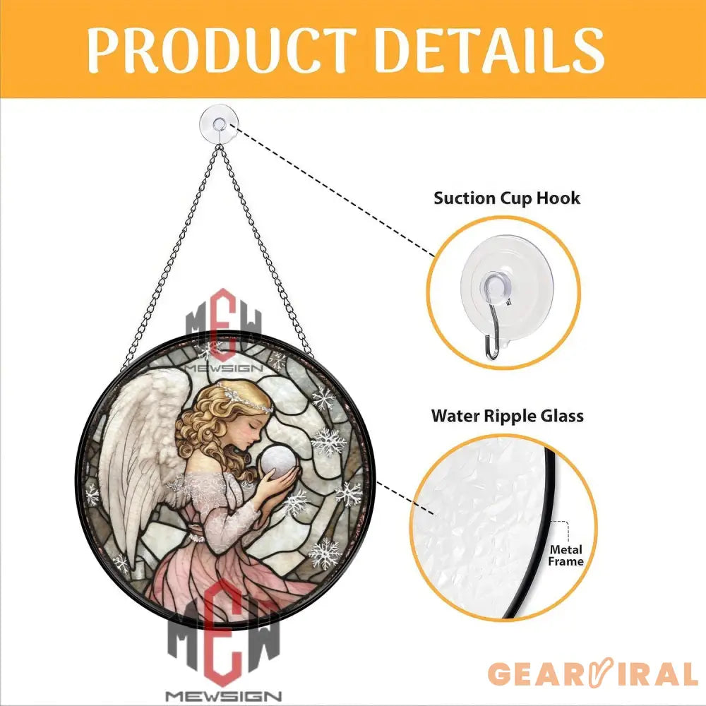 Winter Angel Stained Glass Suncatcher Round Angel Holding Orb Glass Panel Christmas Window Hanging Snowflake Window