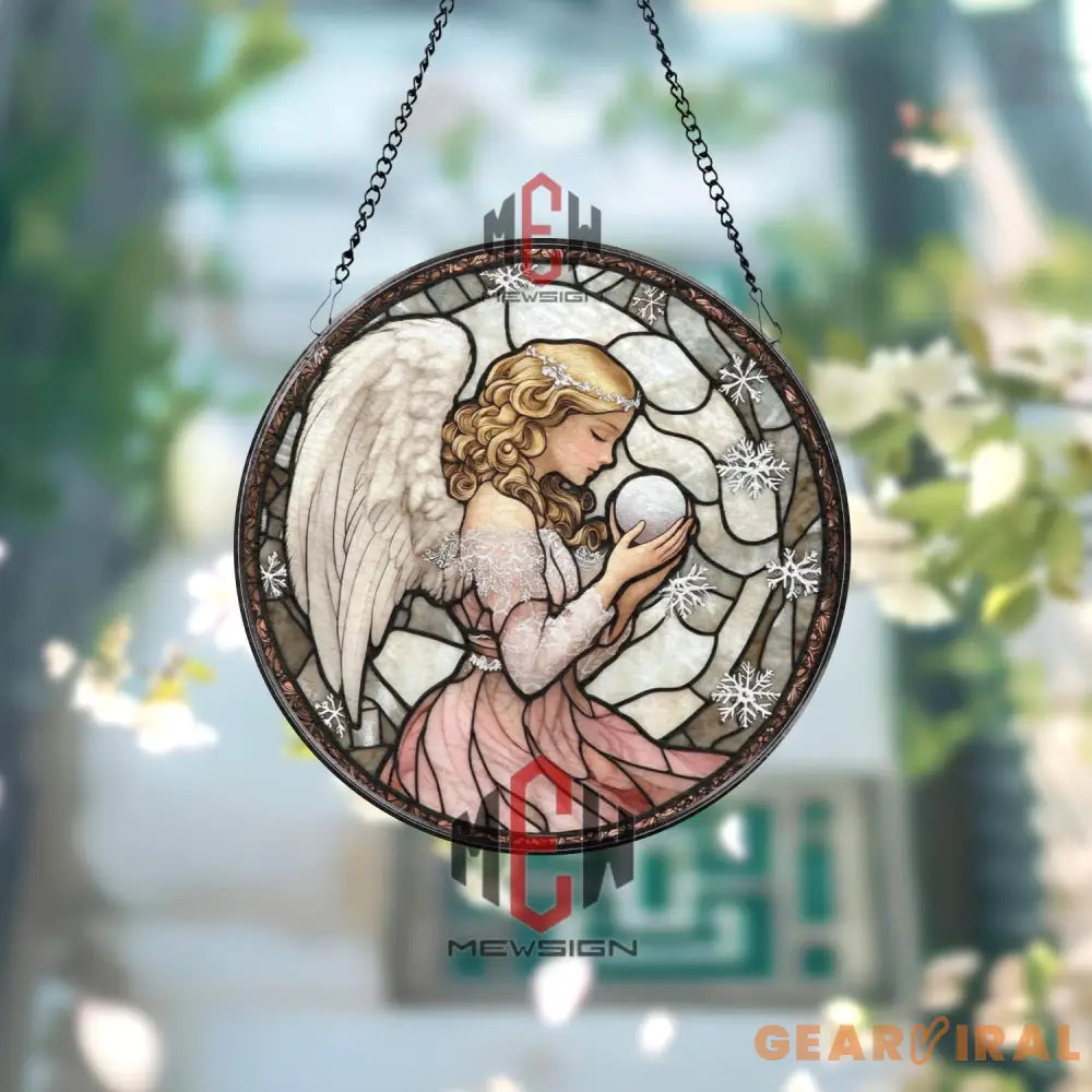 Winter Angel Stained Glass Suncatcher Round Angel Holding Orb Glass Panel Christmas Window Hanging Snowflake Window