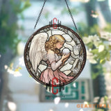 Winter Angel Stained Glass Suncatcher Round Angel Holding Orb Glass Panel Christmas Window Hanging Snowflake Window