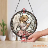 Winter Angel Stained Glass Suncatcher Round Angel Holding Orb Glass Panel Christmas Window Hanging Snowflake Window