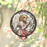 Winter Angel Stained Glass Suncatcher Round Angel Holding Orb Glass Panel Christmas Window Hanging Snowflake Window