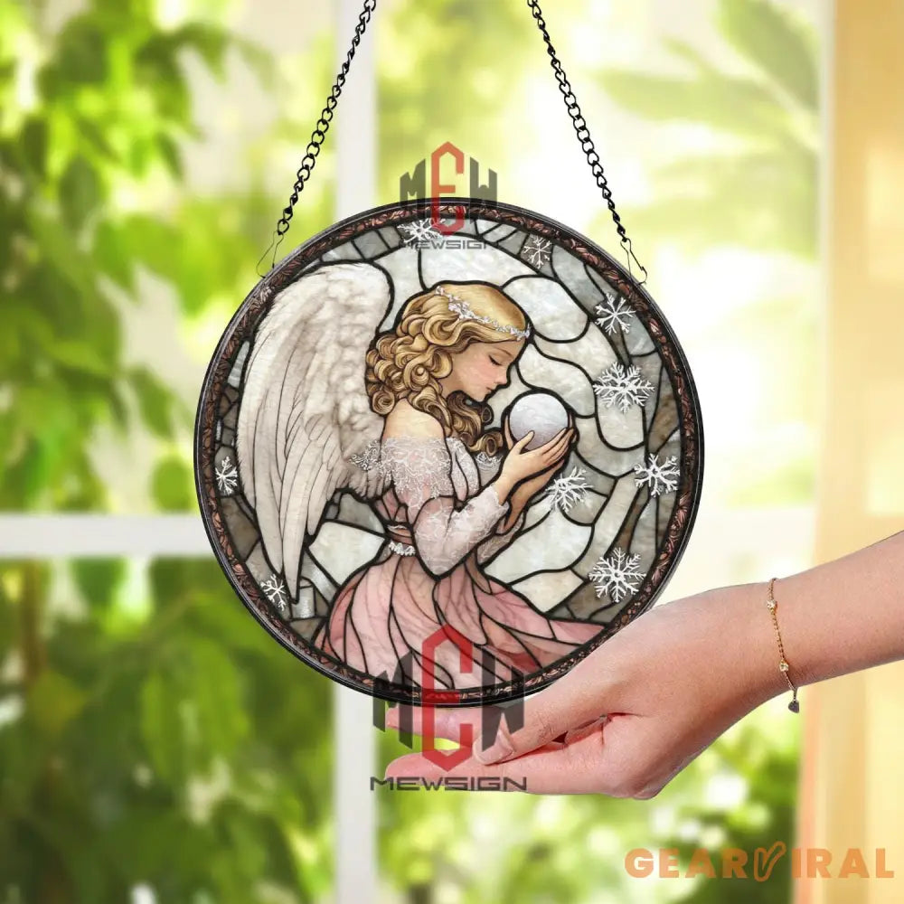 Winter Angel Stained Glass Suncatcher Round Angel Holding Orb Glass Panel Christmas Window Hanging Snowflake Window