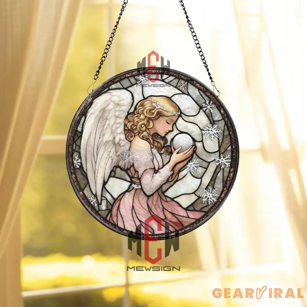 Winter Angel Stained Glass Suncatcher Round Angel Holding Orb Glass Panel Christmas Window Hanging Snowflake Window