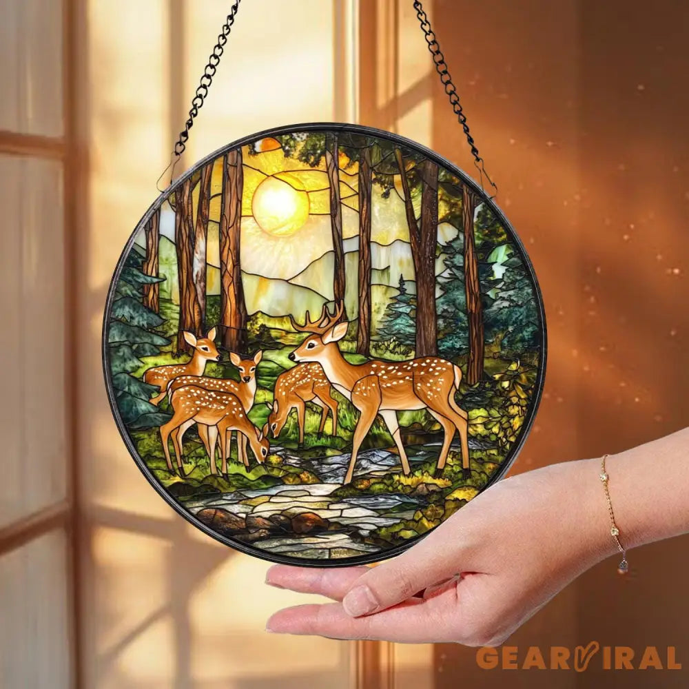 Winter Forest Deer Glass Suncatcher Handmade Wildlife Window Decor Gift for Nature and Animal Lovers Holiday or