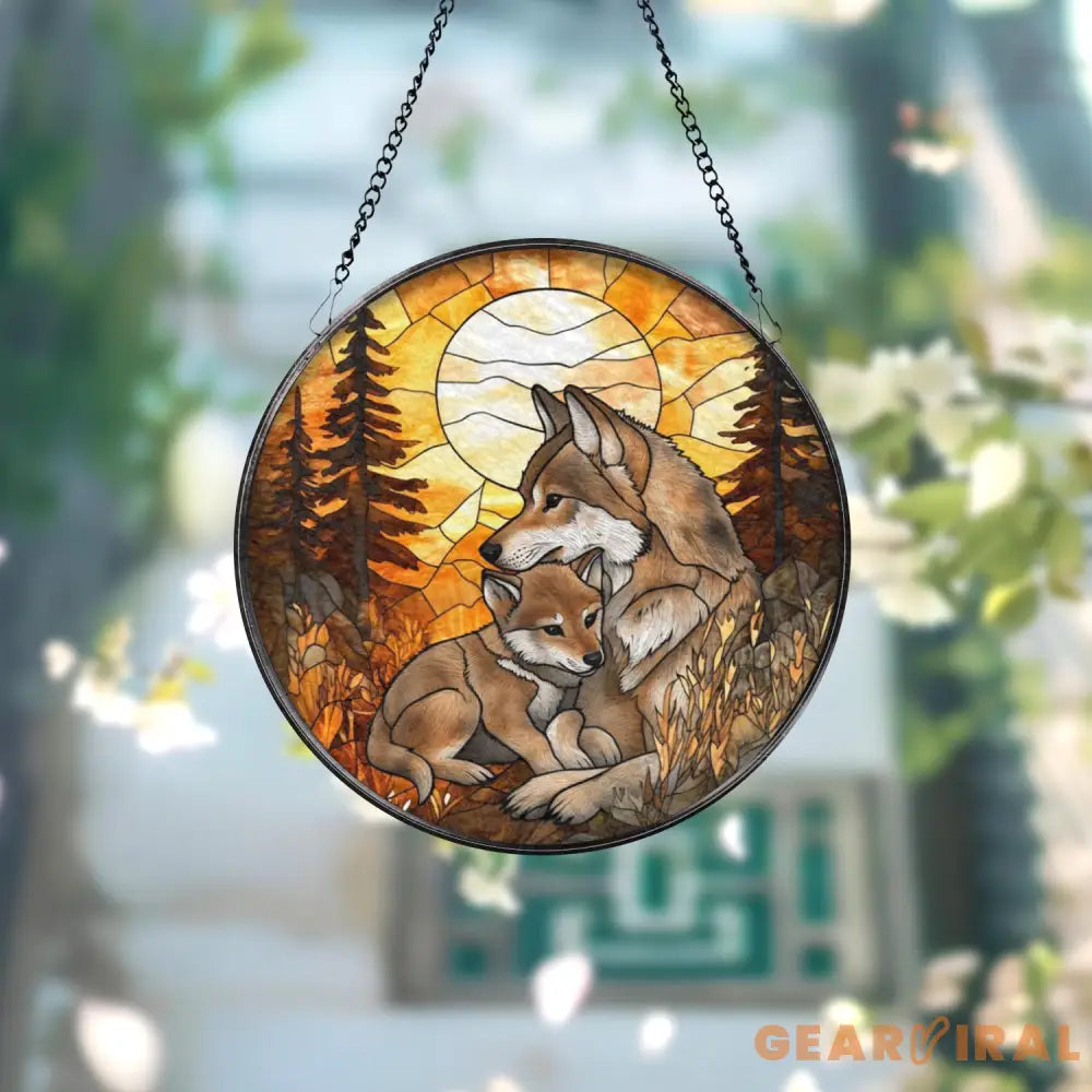 Wolf and Cub Moon Stained Glass Suncatcher Forest Animal Window Hanging Nature Lover Gift Wildlife Home Decor Spirit