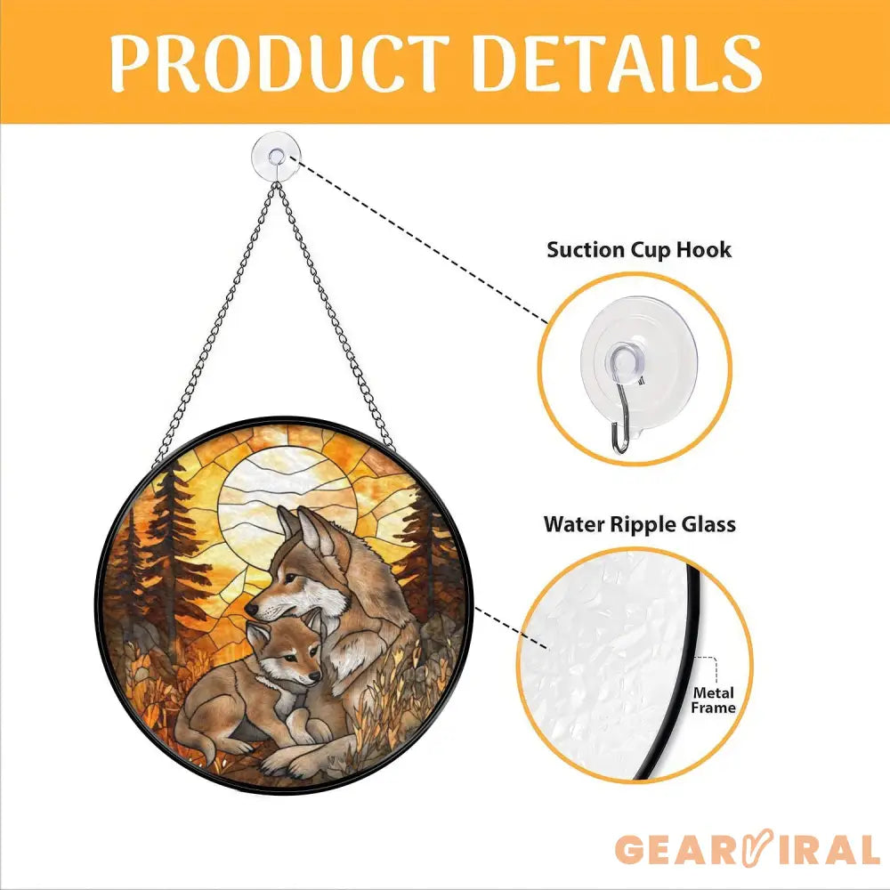 Wolf and Cub Moon Stained Glass Suncatcher Forest Animal Window Hanging Nature Lover Gift Wildlife Home Decor Spirit