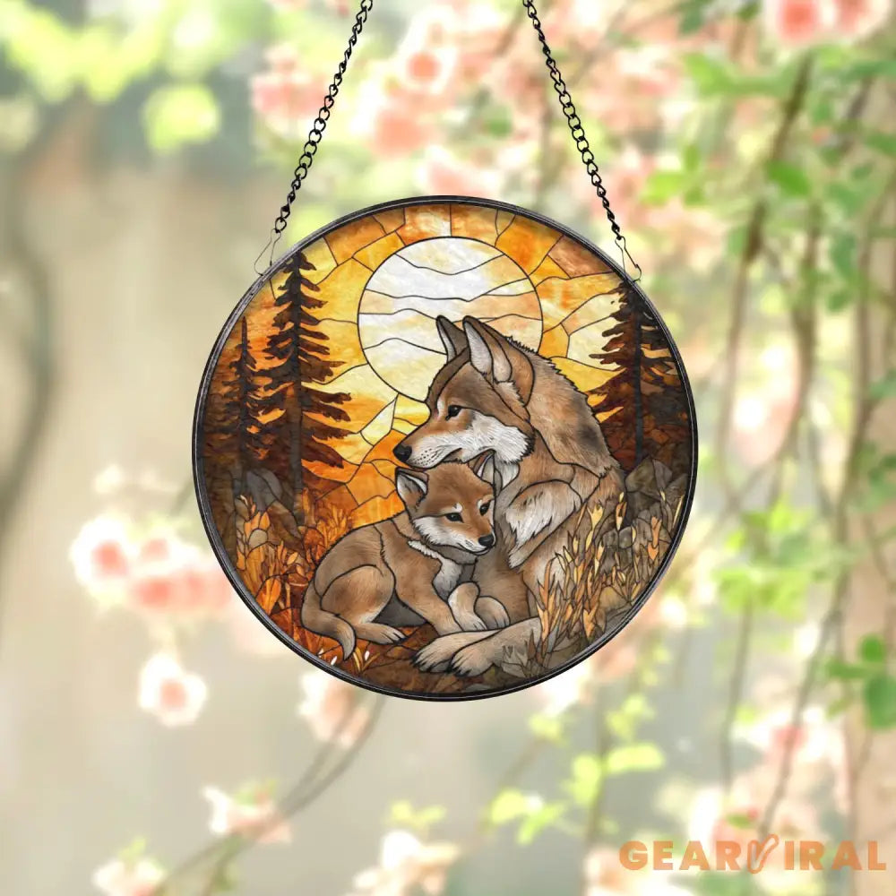 Wolf and Cub Moon Stained Glass Suncatcher Forest Animal Window Hanging Nature Lover Gift Wildlife Home Decor Spirit