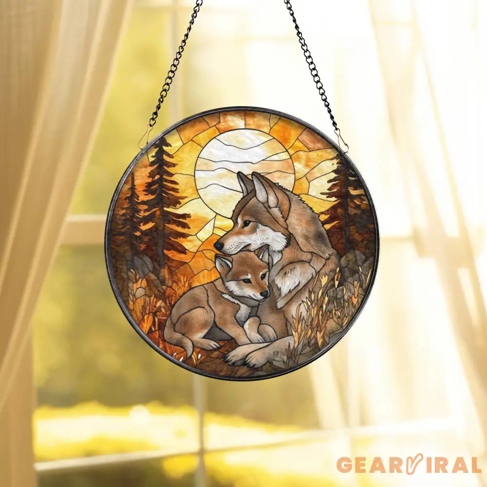 Wolf and Cub Moon Stained Glass Suncatcher Forest Animal Window Hanging Nature Lover Gift Wildlife Home Decor Spirit