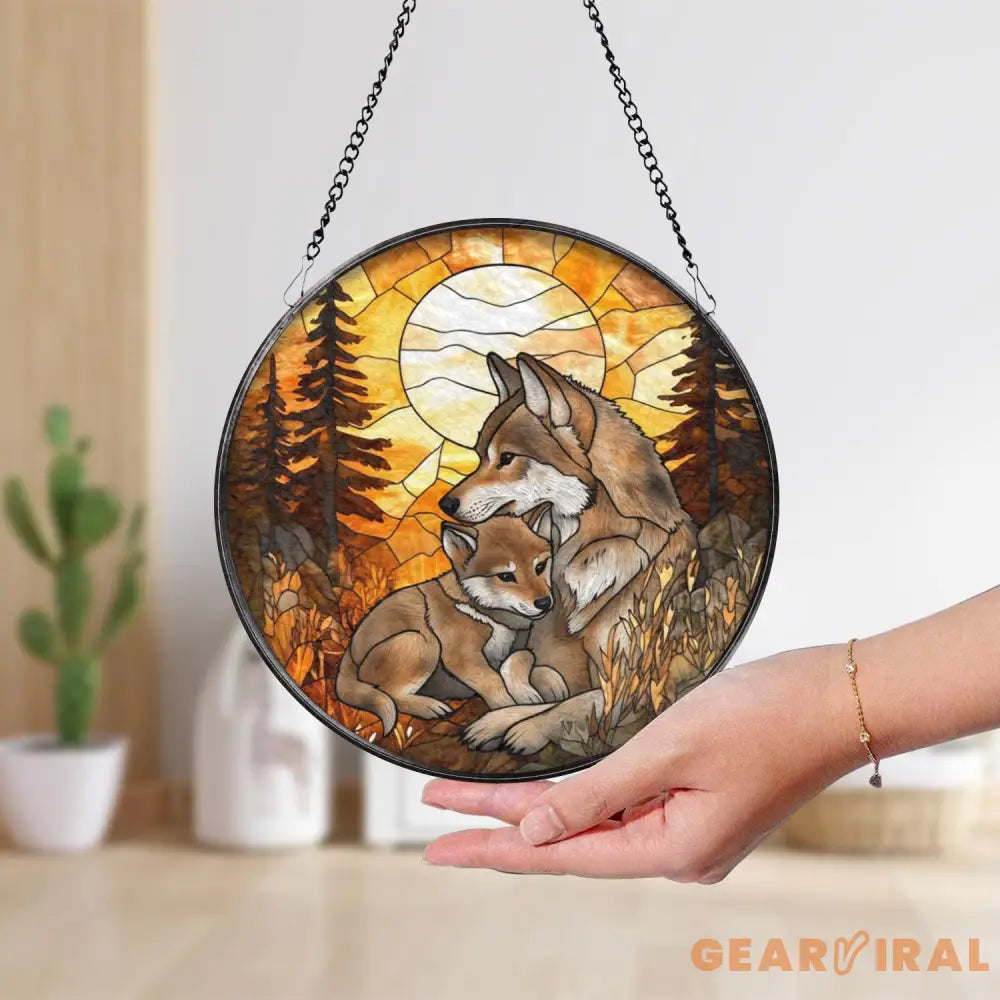 Wolf and Cub Moon Stained Glass Suncatcher Forest Animal Window Hanging Nature Lover Gift Wildlife Home Decor Spirit
