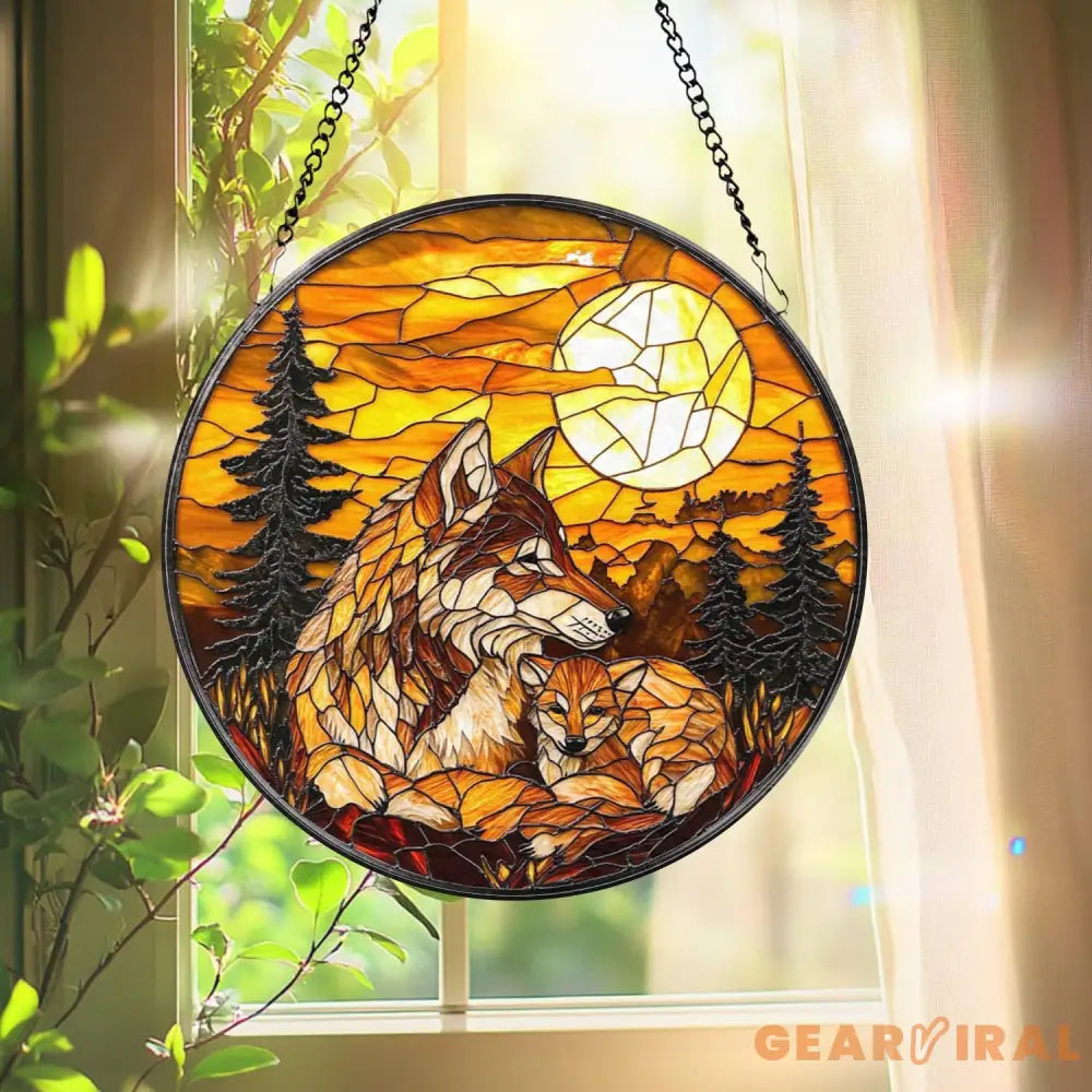 Wolf and Cub Moon Stained Glass Suncatcher Forest Animal Window Hanging Wildlife Decor Nature Lover Gift Spirit Animal
