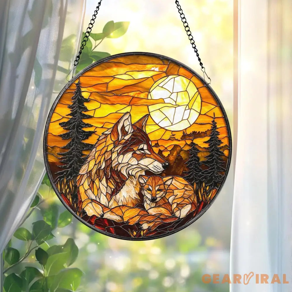 Wolf and Cub Moon Stained Glass Suncatcher Forest Animal Window Hanging Wildlife Decor Nature Lover Gift Spirit Animal