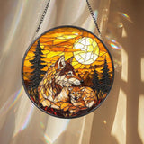 Wolf and Cub Moon Stained Glass Suncatcher Forest Animal Window Hanging Wildlife Decor Nature Lover Gift Spirit Animal