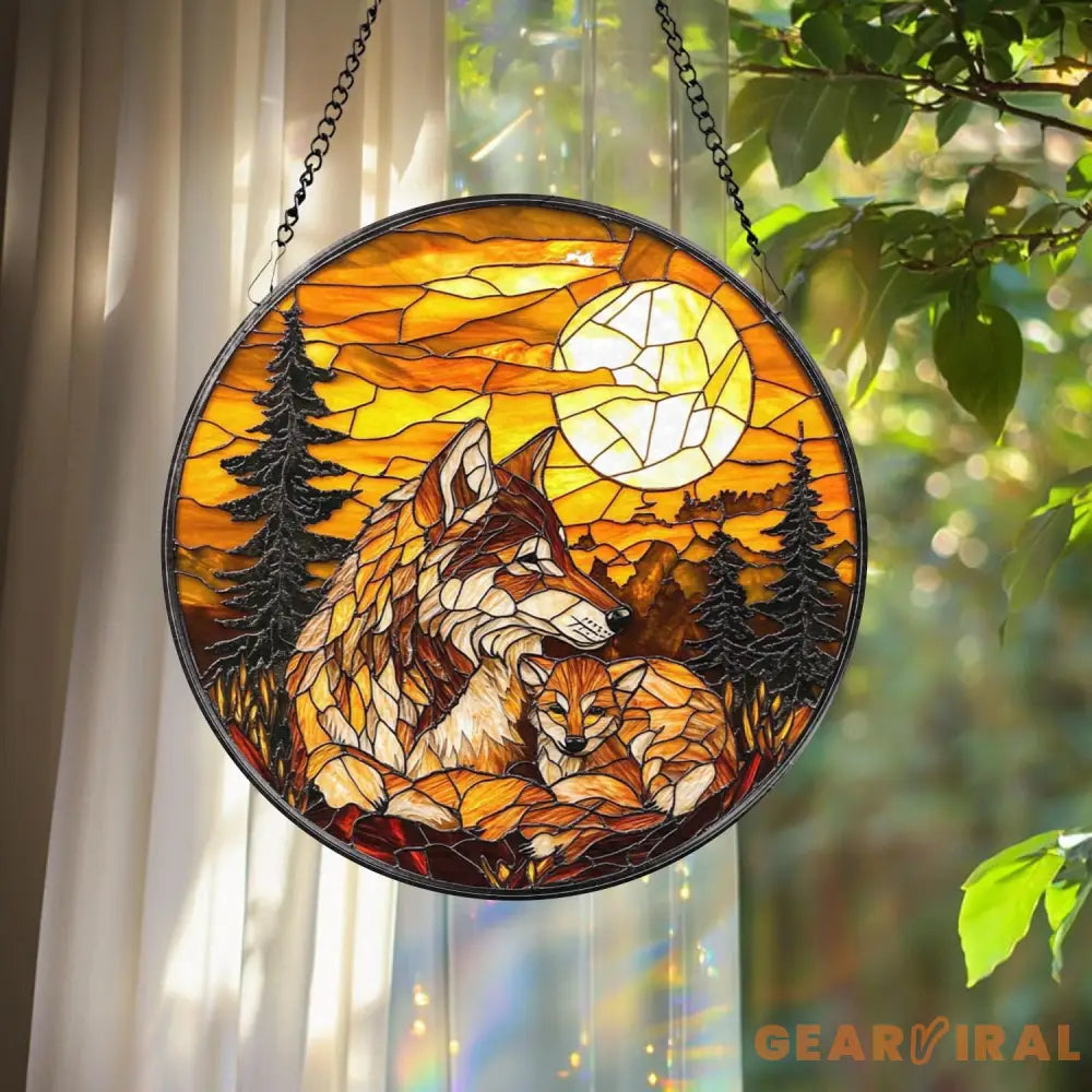 Wolf and Cub Moon Stained Glass Suncatcher Forest Animal Window Hanging Wildlife Decor Nature Lover Gift Spirit Animal