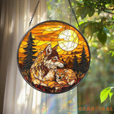 Wolf and Cub Moon Stained Glass Suncatcher Forest Animal Window Hanging Wildlife Decor Nature Lover Gift Spirit Animal