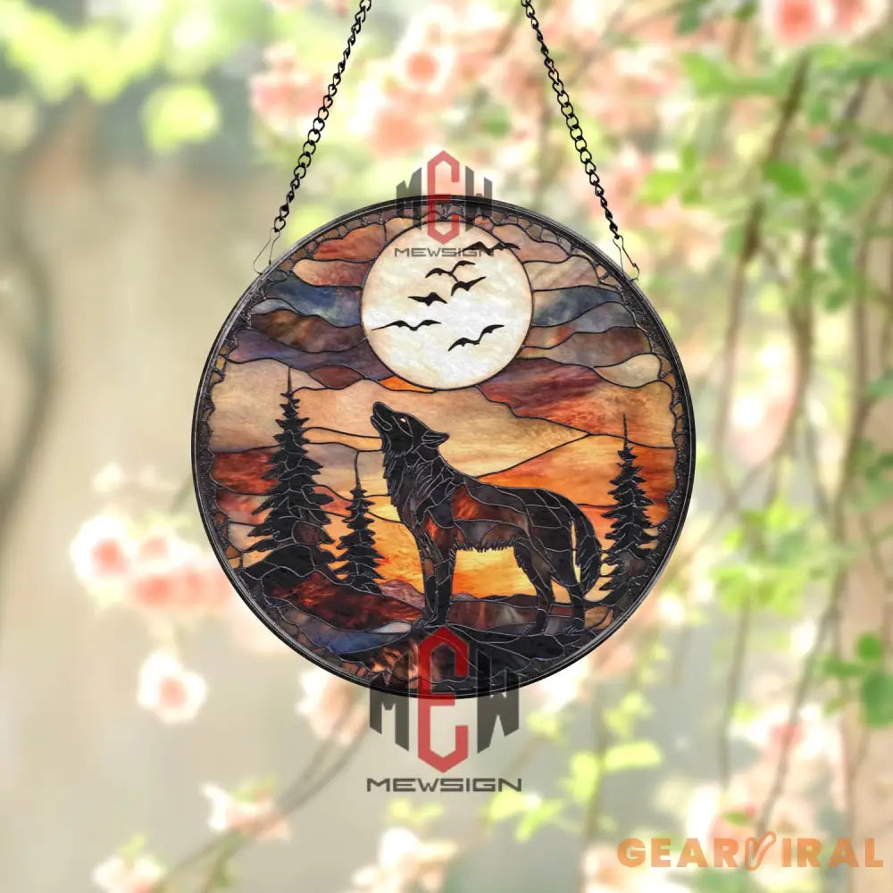 Wolf Howling at Moon Suncatcher Stained Glass Forest Scene Wilderness Sunset Window Decor Rustic Cabin Gift Nature
