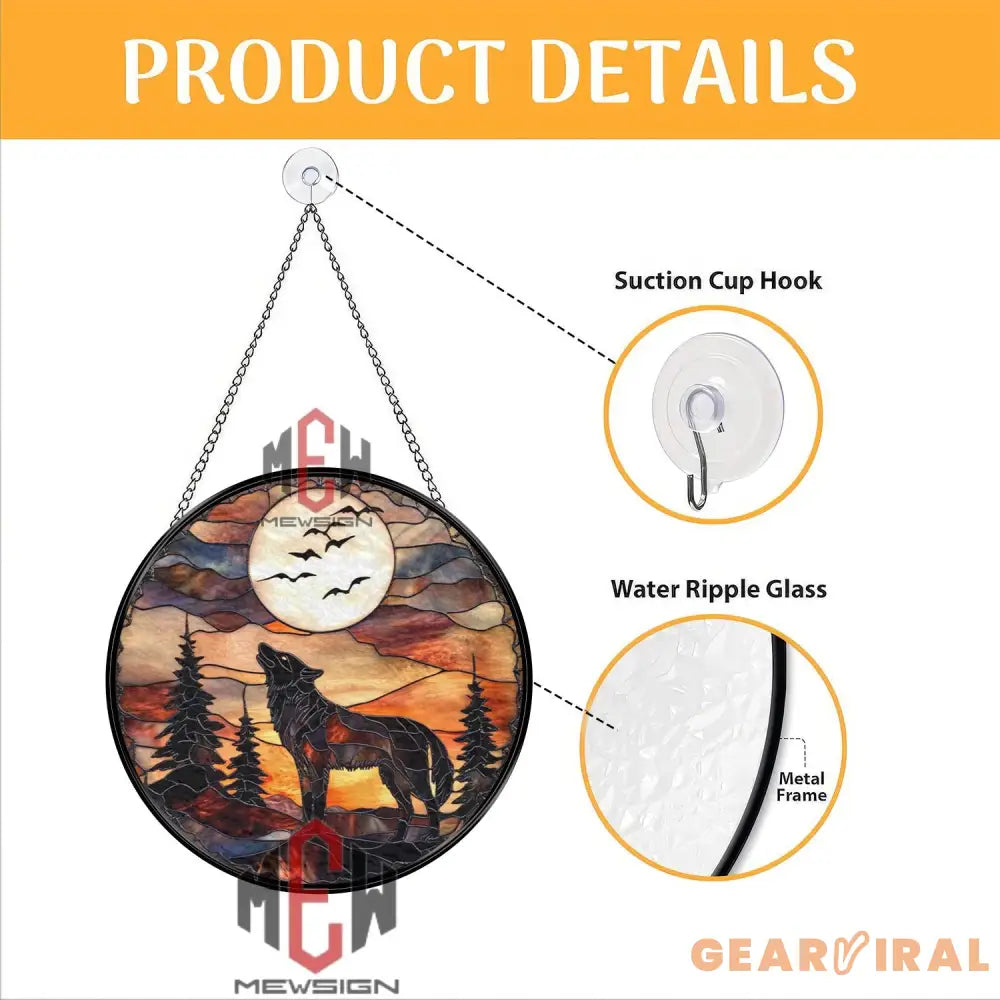 Wolf Howling at Moon Suncatcher Stained Glass Forest Scene Wilderness Sunset Window Decor Rustic Cabin Gift Nature