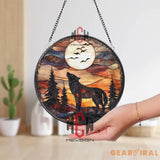 Wolf Howling at Moon Suncatcher Stained Glass Forest Scene Wilderness Sunset Window Decor Rustic Cabin Gift Nature