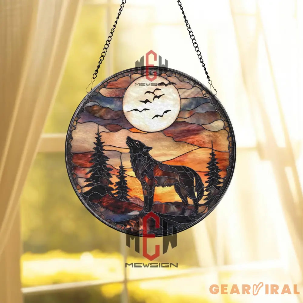Wolf Howling at Moon Suncatcher Stained Glass Forest Scene Wilderness Sunset Window Decor Rustic Cabin Gift Nature