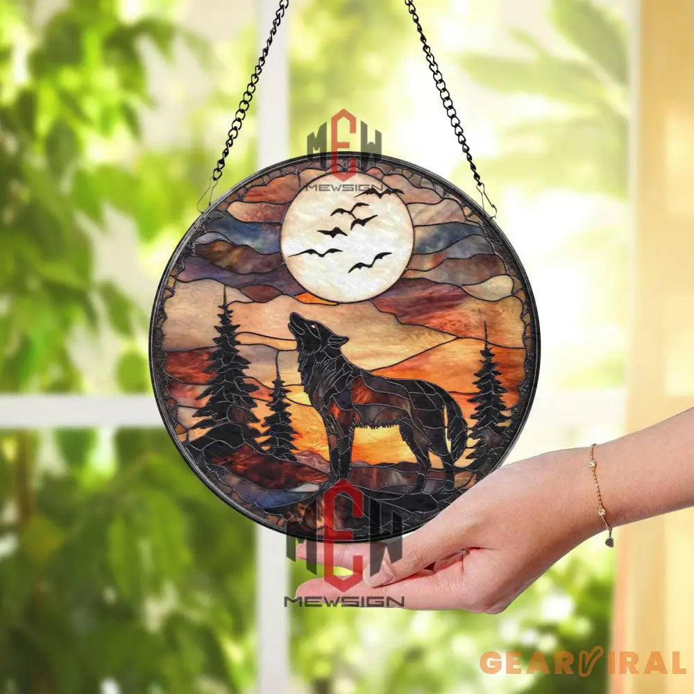 Wolf Howling at Moon Suncatcher Stained Glass Forest Scene Wilderness Sunset Window Decor Rustic Cabin Gift Nature