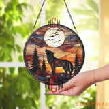 Wolf Howling at Moon Suncatcher Stained Glass Forest Scene Wilderness Sunset Window Decor Rustic Cabin Gift Nature