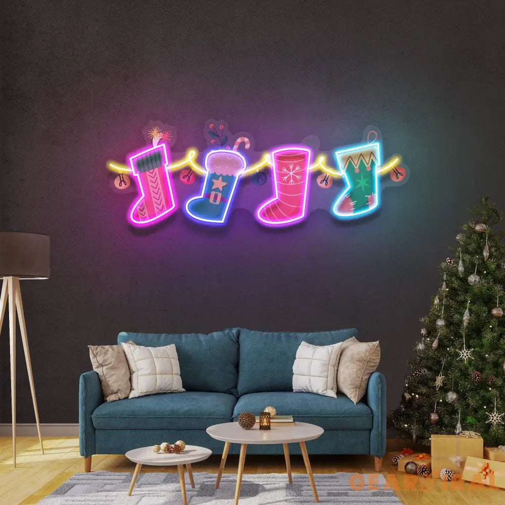 Xmas Socks Family LED Neon Acrylic Artwork
