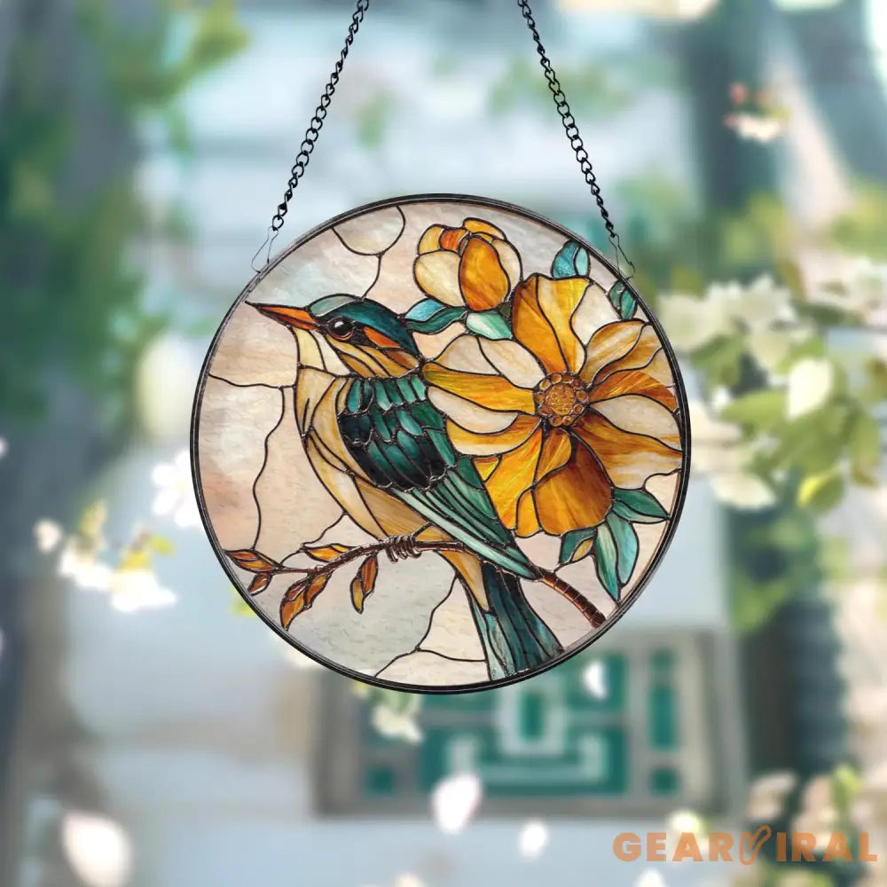 Yellow Flower and Songbird Stained Glass Suncatcher Bright Floral Window Hanging Nature Bird Glass Art Spring Window