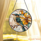 Yellow Flower and Songbird Stained Glass Suncatcher Bright Floral Window Hanging Nature Bird Glass Art Spring Window