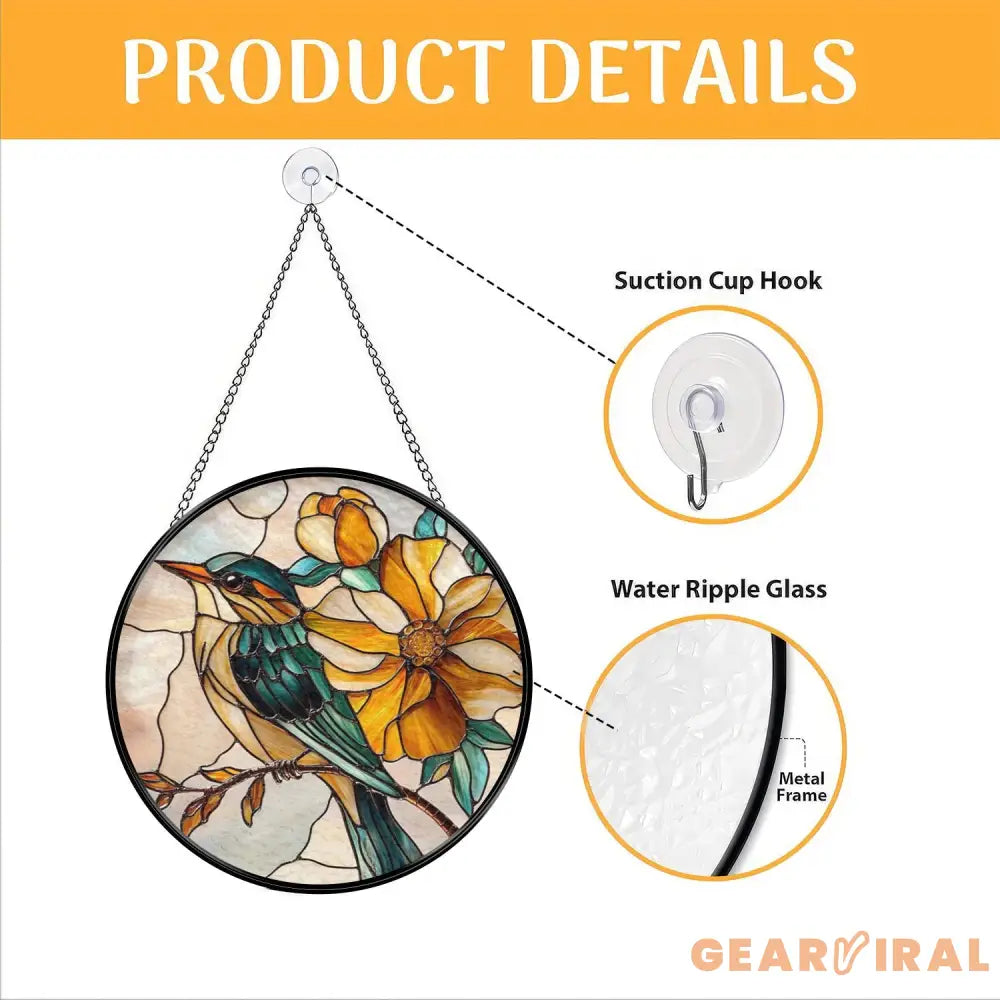 Yellow Flower and Songbird Stained Glass Suncatcher Bright Floral Window Hanging Nature Bird Glass Art Spring Window