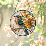 Yellow Flower and Songbird Stained Glass Suncatcher Bright Floral Window Hanging Nature Bird Glass Art Spring Window