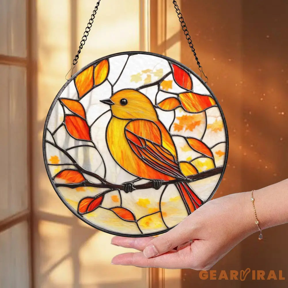 Yellow Songbird Autumn Leaves Suncatcher Fall Stained Glass Bird Panel Round Window Hanging Decor for Nature and Bird