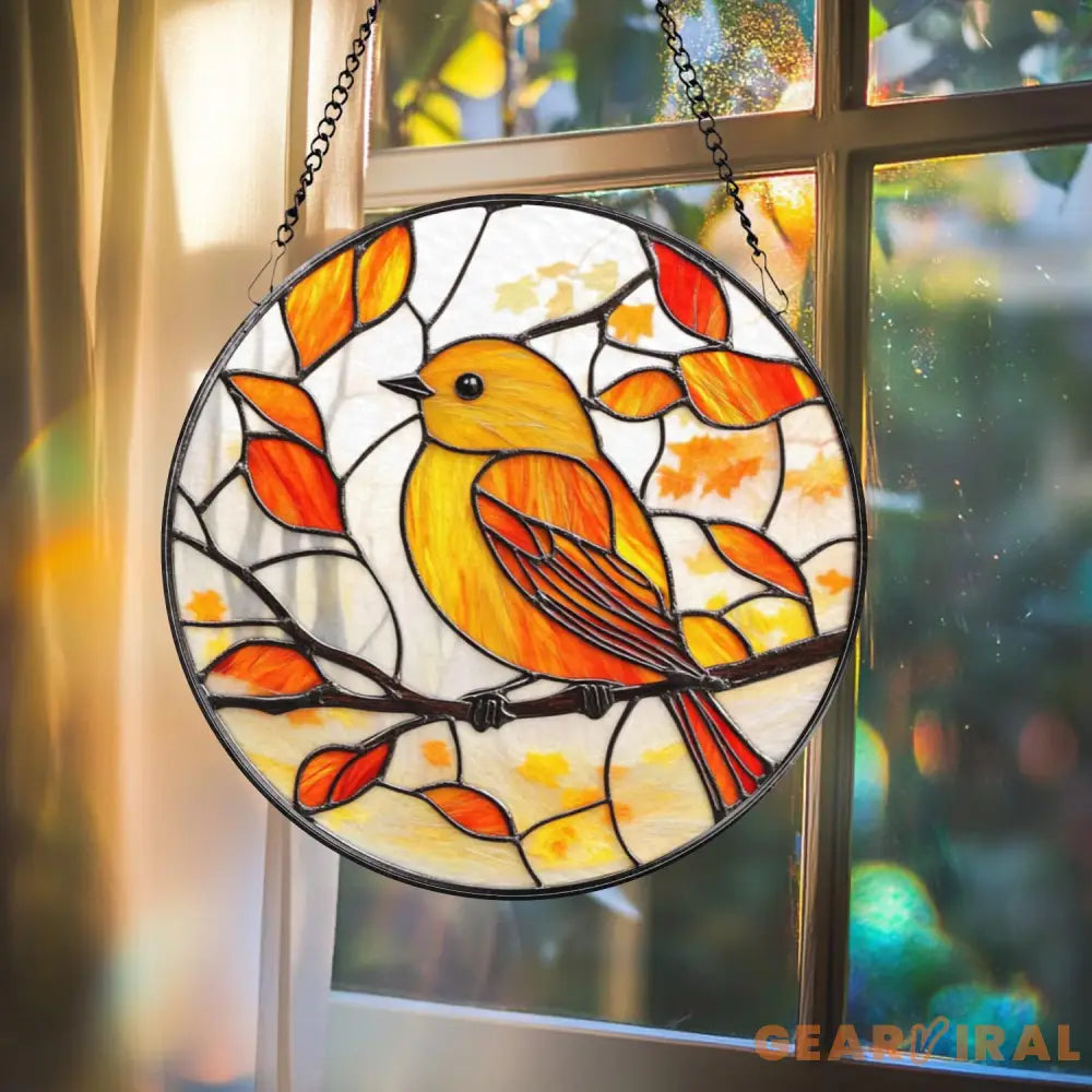 Yellow Songbird Autumn Leaves Suncatcher Fall Stained Glass Bird Panel Round Window Hanging Decor for Nature and Bird